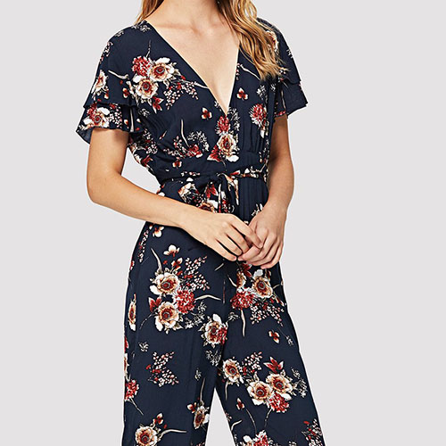 2018 Hot New Belted Waist V-Neck Floral Jumpsuit
