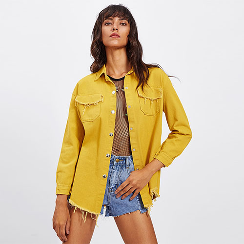 2018 Hot Frayed Curved Hem Denim Jacket