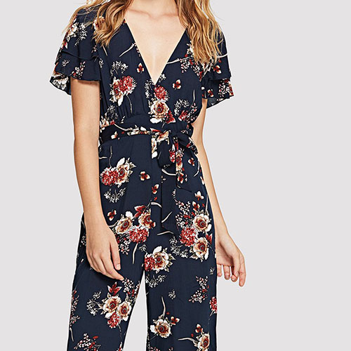 2018 Hot New Belted Waist V-Neck Floral Jumpsuit